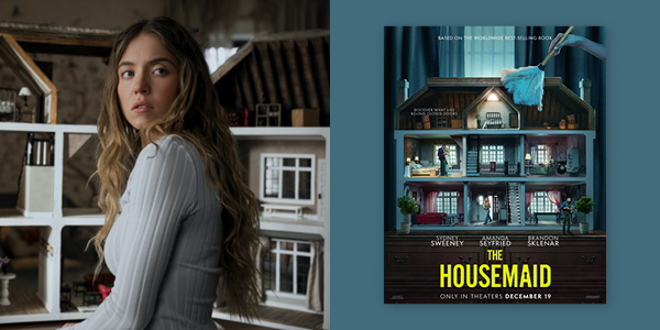 A still from The Housemaid where Sydney Sweeney is sitting in front of a dollhouse and looking behind her left shoulder. To the right is the movie poster of The Housemaid