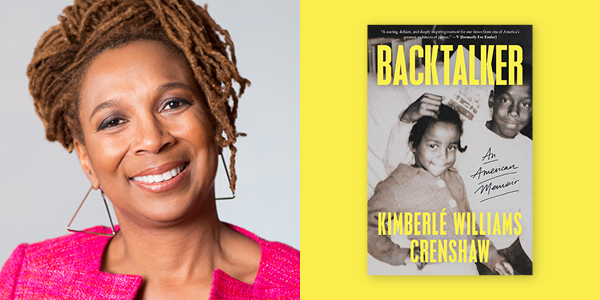 2 side-by-side images: Kimberl&eacute; Williams Crenshaw headshot, book cover of Backtalker