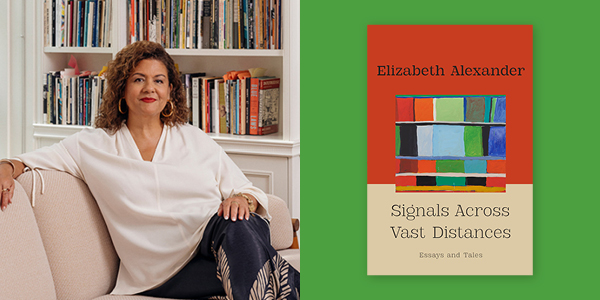 2 side-by-side images: Elizabeth Alexander, book cover of Signals Across Vast Distances