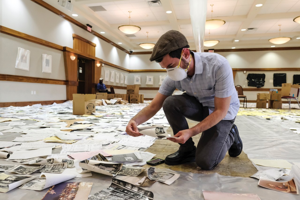 Dr. Joshua Furman assisting in recovery effort of photographs and documents at Congregation Beth Yeshurun in Houston, a week after Hurricane Harvey, September 2017. Photo credit: Michael Duke