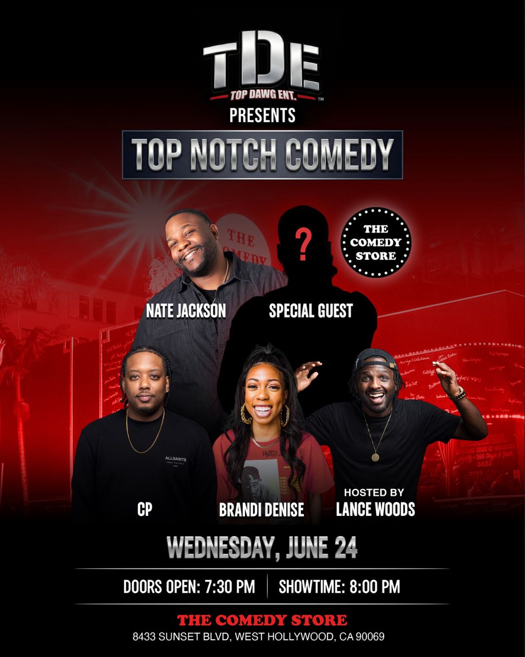 Flyer for Top Notch Comedy with Special Guest, Nate Jackson, Brandi Denise, Comedian CP, Lance Woods
