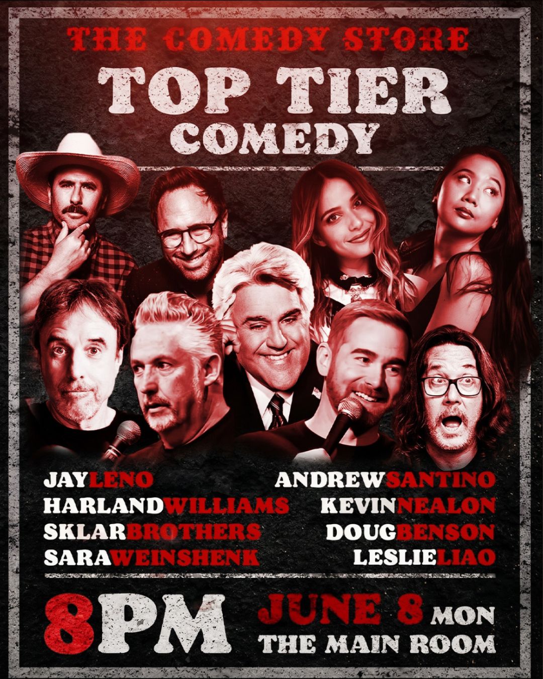 Flyer for Top Tier Comedy with Jay Leno, Andrew Santino, Kevin Nealon, Harland Williams and More!