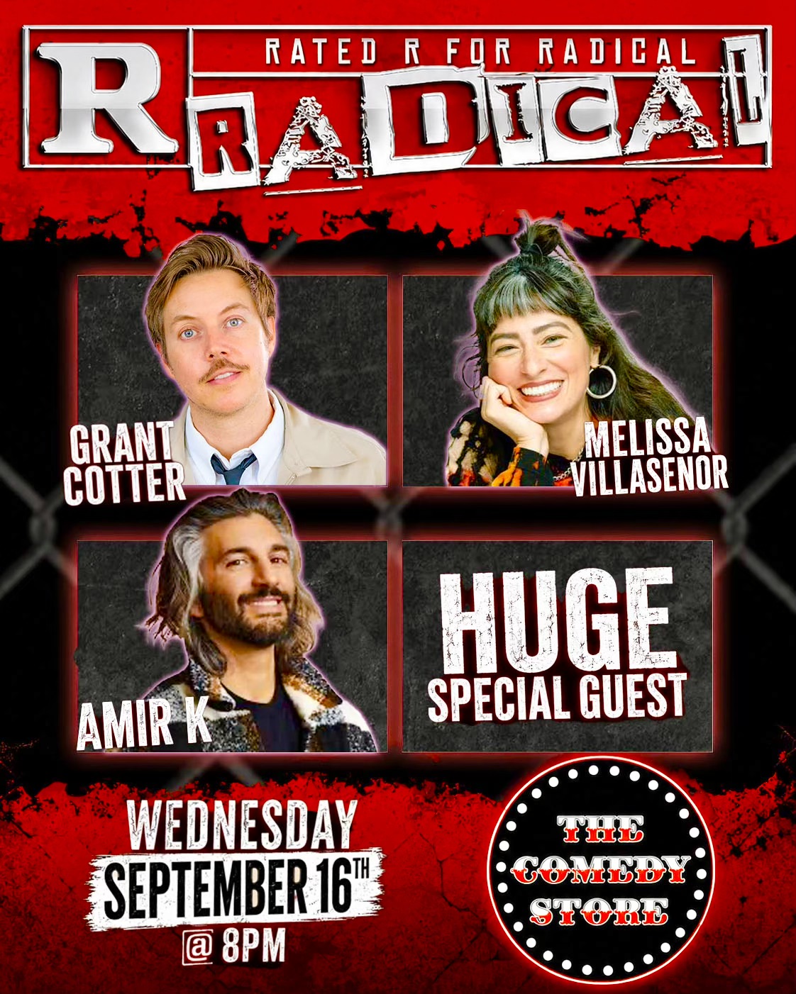 Flyer for Rated R for RADICAL with Grant Cotter! Melissa Villasenor, Amir K, Surprise Guest +more!