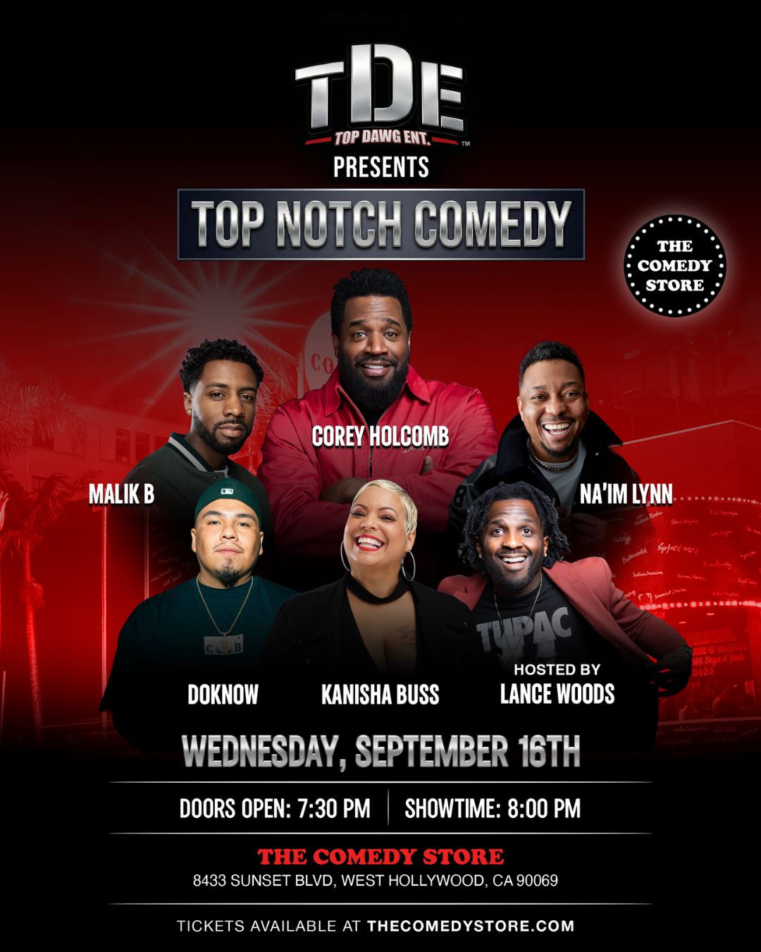 Flyer for TDE Presents Top Notch Comedy with Corey Holcomb, Malik B, Na'im Lynn, Doknow, Kanisha Buss, Lance Woods +more!
