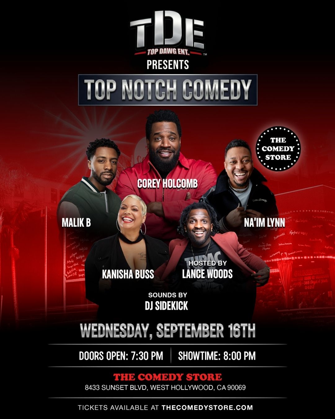 Flyer for TDE Presents Top Notch Comedy with Corey Holcomb, Malik B, Na'im Lynn, Kanisha Buss, Lance Wood +more!